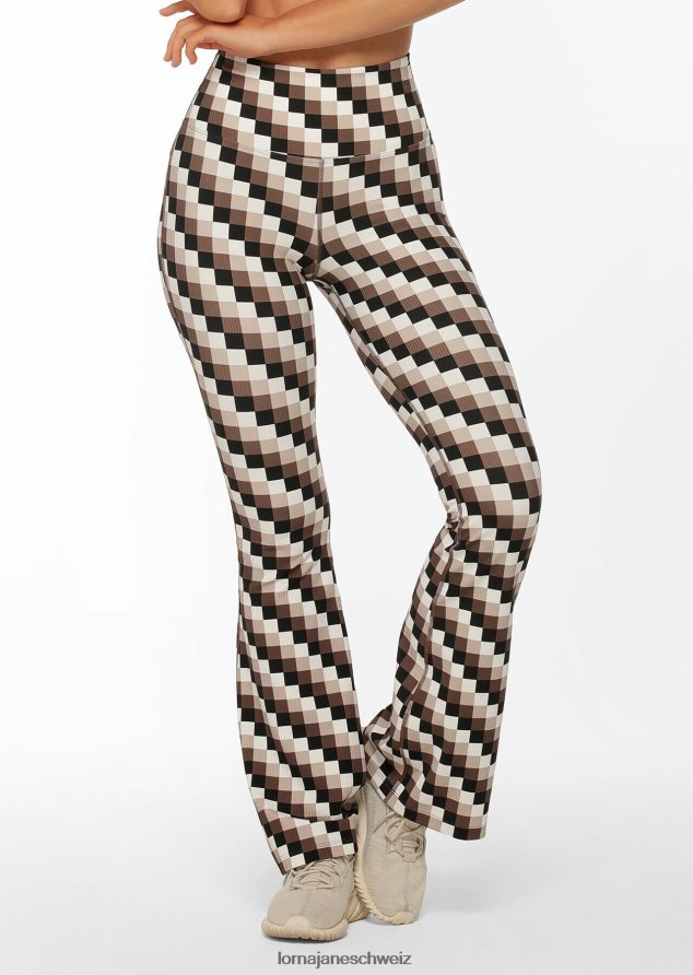 Bekleidung 202X138 Frauen Retro-Karodruck Lorna Jane Gerippte Schlaghosen mit Retro-Karomuster