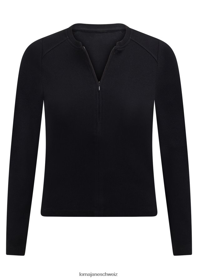 Bekleidung 202X91 Frauen Schwarz Lorna Jane Raffiniertes, langärmliges, geripptes Oberteil mit halbem Reißverschluss