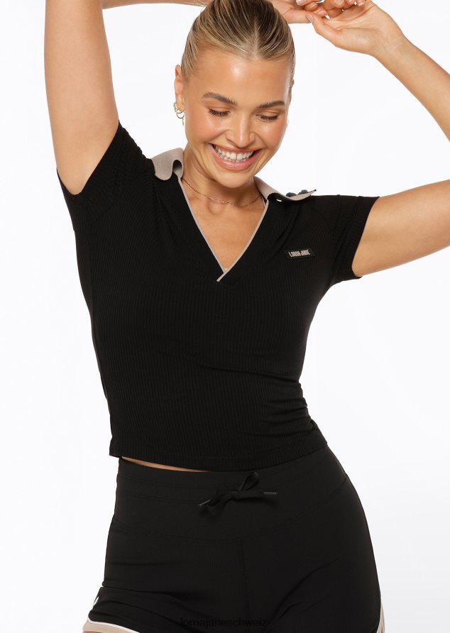 Bekleidung 202X182 Frauen Schwarz Lorna Jane Kurz geschnittenes Poloshirt am Spielfeldrand