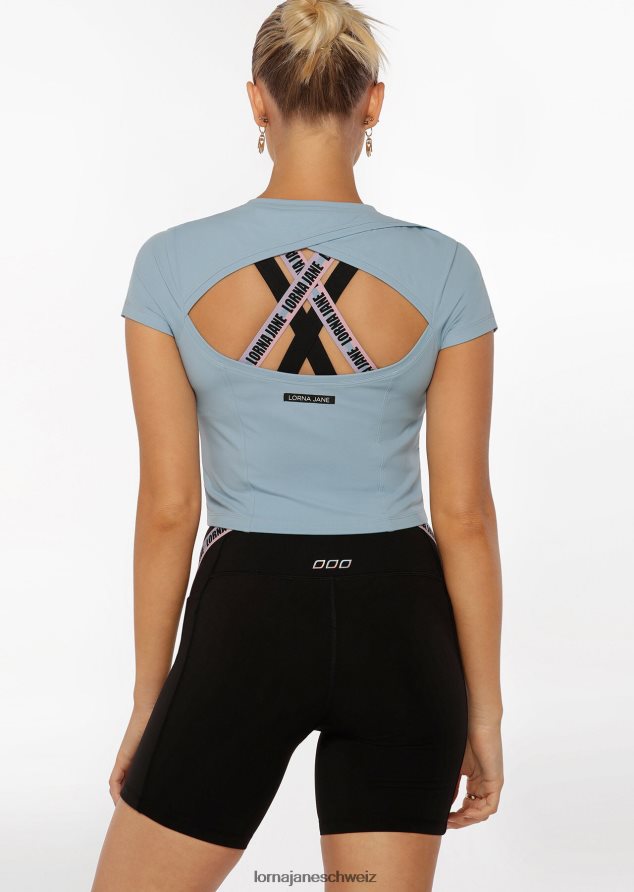 Bekleidung 202X203 Frauen Reise blau Lorna Jane Aktives, kurzärmliges Crop-Top mit Ausschnitten